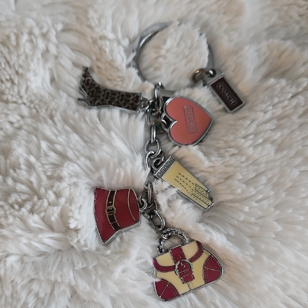 Coach Red and Pink Charm Keychain with Silver-Tone Hardware